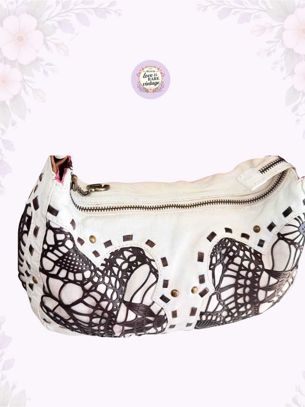Vintage Western Betsey Johnson Leather Shoulder Bag • Y2K White & Brown Hobo - Picture 9 of 13